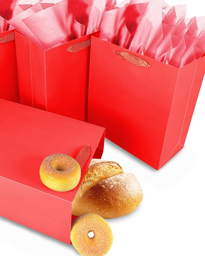 Gcardist Red Gift Bags with Tissue Paper for Wedding, Birthday, Party Supplies-7.9"x4.3"x9.6" Medium Size Cardboard Gift Bags（16pcs Bags +32pcs Tissue Paper ）