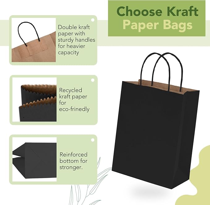 MESHA 100 Pack Black Gift Bags 8x4.25x10.5 Inch Kraft Paper Bags with Handles Bulk Craft Bag Medium Size for Wending Birthday Party Favor Retail Merchandise Bag