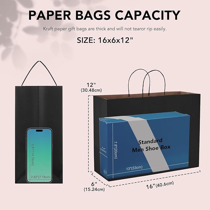 METRONIC Kraft Paper Gift Bags with Handles 16x6x12 Inch 6000 Pack | Christmas, Birthday Party Favors, Retail Shopping, Small Business Bulk | Black Gift Wrap Bag