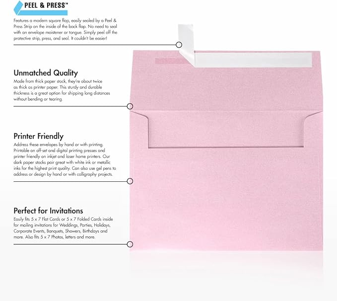 LUXPaper A7 Invitation Envelopes | Peel & Press | 5 1/4" x 7 1/4" | Rose Quartz Metallic | 80lb. Text | 1,000 Qty