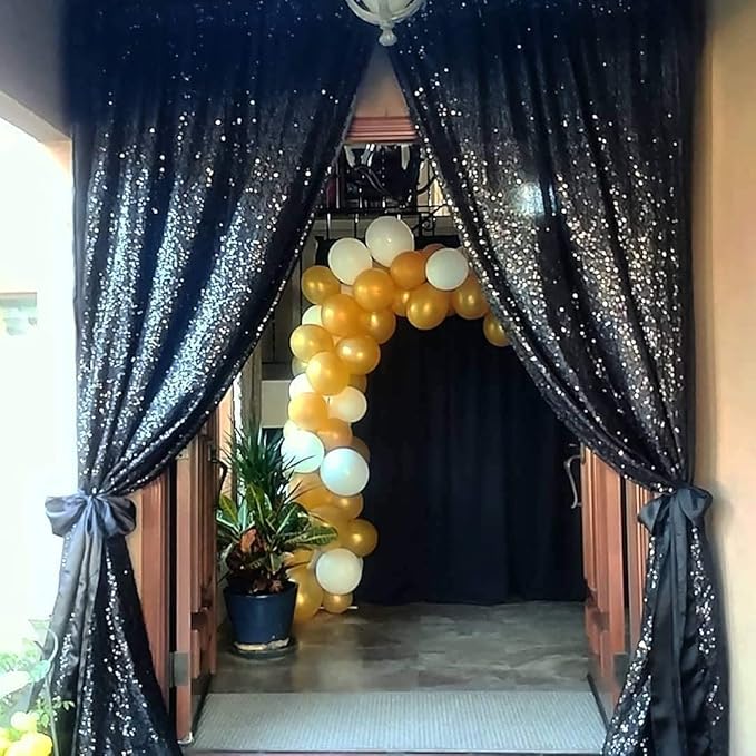 Eternal Beauty Black Sequin Backdrop Curtains, Halloween Shimmer Back Drop 4Panels-2FTx8FT for Christmas, Party, Birthday, Photography, Wedding, Baby Shower Event Decoration