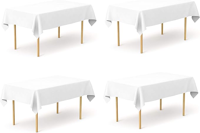 Pomp Pure White 60" x 102" Poplin Polyester Tablecloth (4 Pack) | Wrinkle + Stain Resistant Easy Care Premium Fabric | Fits 6FT Rectangle Table