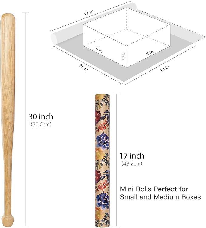 RUSPEPA Watercolor Floral Wrapping Paper, 17 Inches x 16. 4 Feet, Mini Roll, Flower Kraft Wrapping Paper Roll for Women, Girls, Spring, Birthdays, Baby Shower and Bridal Shower