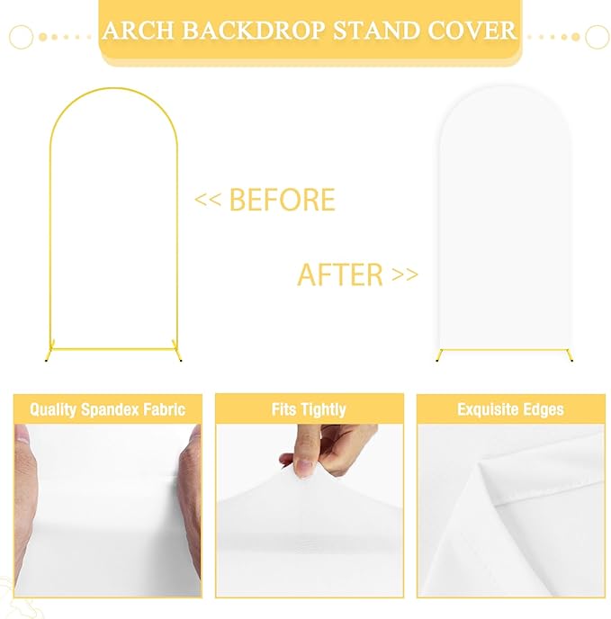 Metal Arch Backdrop Stand and White Wedding Arch Cover Set 7.2FT 6.6FT 6FT Wedding Arched Frame Balloon Arch Backdrop Stand with Spandex Arched Covers for Baby Shower Bridal Banquet Decor