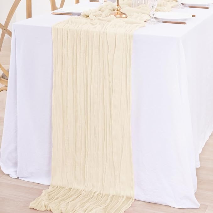 12Pcs Beige Cheesecloth Table Runner 120 Inch10FT Beige Rustic Boho Cheesecloth Table Runnerfor Wedding Party Baby Shower Birthday Home Decor Holiday Decorations