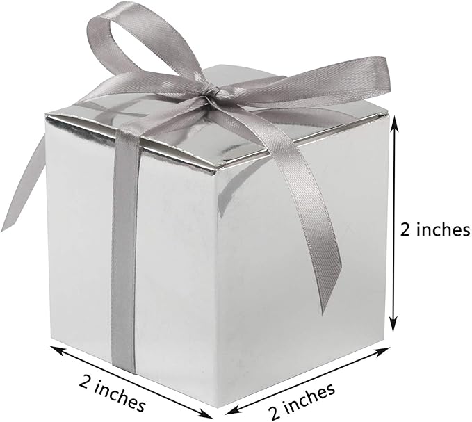 COTOPHER 60pcs Small Gift Boxes, Favor Boxes 2x2x2 inches Paper Gift Boxes with Ribbons Candy Box for Wedding Favors Baby Shower Bridal Shower Birthday Party (60 Metallic Silver)
