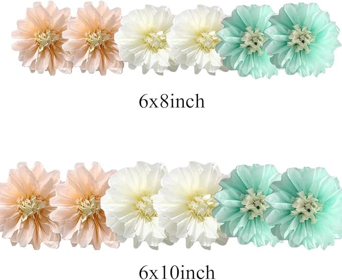 12pcs 8in 10in Paper Flowers Tissue Flowers Pom Mint Cream Peach Kit Paper Pom Poms Hanging Paper Flowers Wall Backdrop Wedding Party Flower Decorations DIY Art Craft Blooms for Birthday Baby Shower