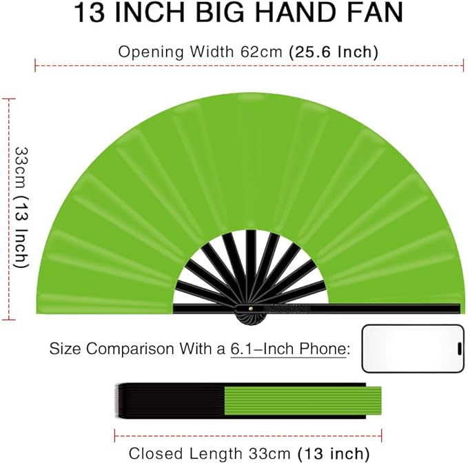 13" Large Folding Rave Fan with Holster, Clack Hand Fans Foldable for Line Dancing, Boots On The Ground Fan for Women Men Festival EDM Party Decoration, Green 2 Pack