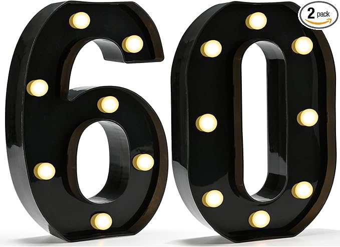 Pooqla Decorative Led Light Up Number Letters, Black Plastic Marquee Number Lights Sign for 60th Birthday Party Wedding Decor Battery Operated Black Decoration 60