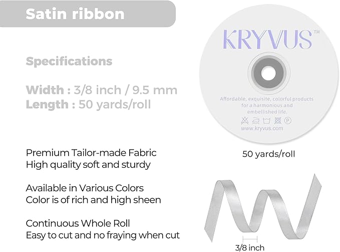 Silver Satin Ribbon 3/8 inch X Continuous 50 Yards, Single Face Polyester Ribbon Perfect for Gift Wrapping, Flower Bouquet, Wedding Decor, Crafts, Bow Making, Sewing and More