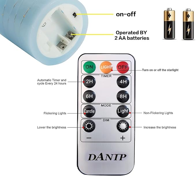 danip Sky Blue LED Flameless Candle with Embedded Starlight String, 3 LED Candles, 11 Key Remote Control, 24 Hour Timer Function, Dancing Flame, True Wax, Battery Powered. (Sky Blue)