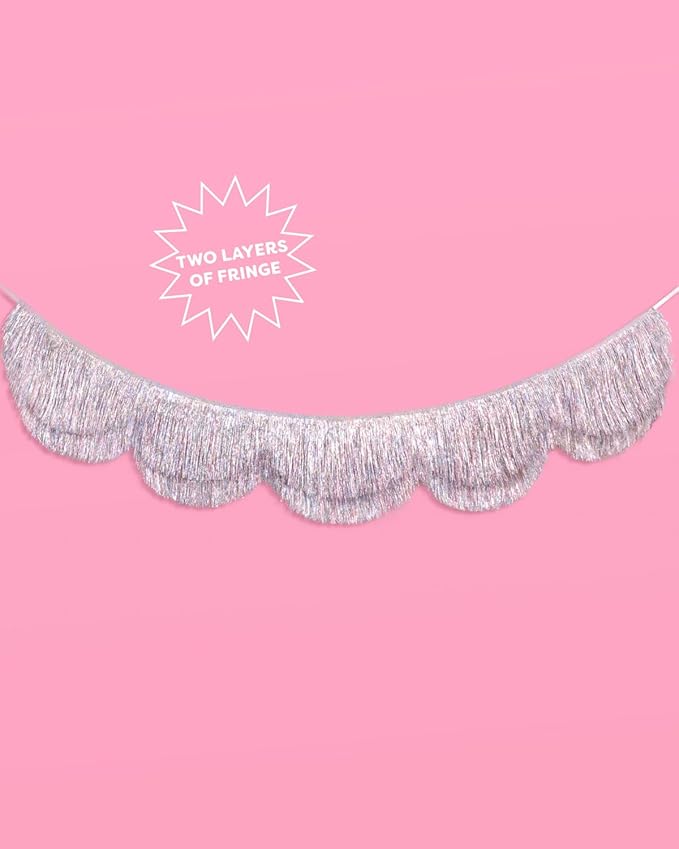 xo, Fetti Silver Iridescent Scalloped Fringe Banner - 6 Ft. | Bachelorette Party Decorations, Birthday Sign, Sparkly Decor, Photo Booth Backdrop