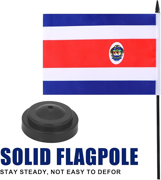 Costa Rica Desk Flag 12" Solid Pole Deluxe Set Costa Rican Flags Banner Mini Small Costa Rica Office Table Flags with Black Stand Base Desktop Decorations(2Pack)