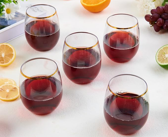 FOCUSLINE 32 Pack 12 OZ Plastic Wine Glasses, Stemless Disposable Wine Cups, Gold Rim Unbreakable Wine Glasses, Reusable Shatterproof Recyclable and BPA-Free Plastic Wine Cups