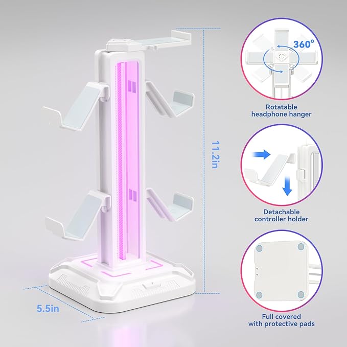 KDD RGB Headset Stand with 9 Light Modes - Controller Holder for Desk - Rotatable Headphone Stand & Detachable Controller Hook for PC Earphone Accessories(White)