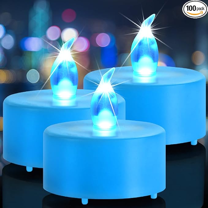 Nancia Tea Lights, 100PACK Blue Flameless LED Tea Lights Candles, Flickering Warm Yellow, 200 Hours Battery-Powered Tea Light, Ideal Party, Wedding, Birthday, Gifts Home Decoration