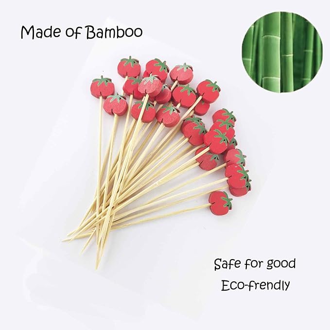 120 Pcs Tomato Cocktail Picks 4.7" Drinks Fruits Hawaiian Party Food Garnish Skewer Sticks Halloween Decorations Supplies Cowboy Handmade Bamboo Toothpicks