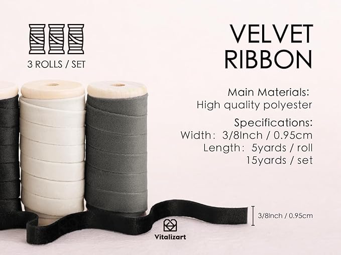 Vitalizart Velvet Ribbon Black White Set 3/8" x 15 Yd Wooden Spool Fabric Trim 3 Rolls * 5 Yd for Christmas Wreath Decoration Handmade Craft Ornaments Gift Wrapping & Bow Making