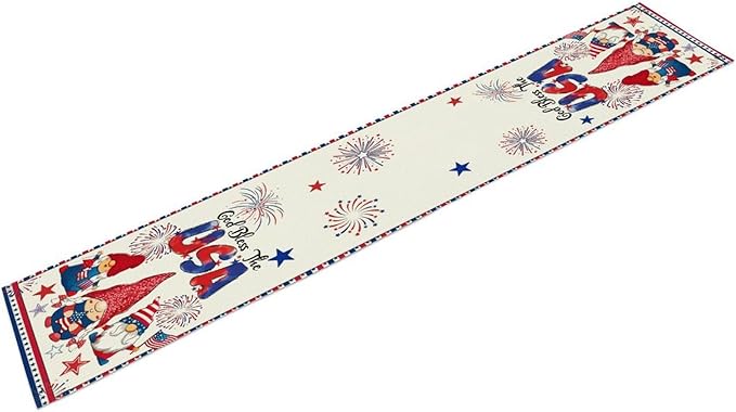 Cute Patriotic Gnomes Table Runner, American Independence Day 4th of July Gnome Blue Red Fireworks Confetti Print Table Runner for Home Kitchen Dining Table Party Decor, 13x36inch