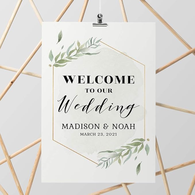 Andaz Press Personalized Extra Large Wedding Easel Board Party Sign, 12x18-inch, Modern Black, Gold with Green Leaves Florals, Welcome to Our Wedding Bride Groom Name Date, 1-Pack, Custom