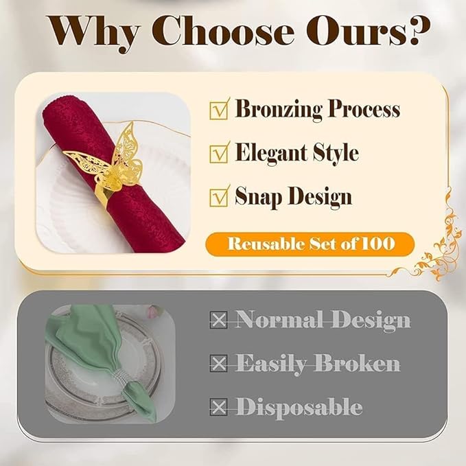 100 Pcs Napkin Rings Laser Cut Butterfly Shape Foil Paper Napkin Holder for Weddings Party Serviette Table Decoration Restaurant (Gold)