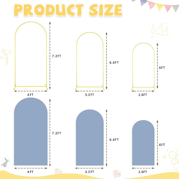 Arch Backdrop Stand and Cover Set of 3 6FT 6.6FT 7.2FT Dusty Blue Spandex Arch Backdrop Covers Set Metal Arch Frame Stand Balloon Arched Covers for Birthday Party Wedding Ceremony Reception