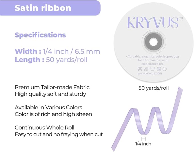 Lavender Satin Ribbon 1/4 inch X Continuous 50 Yards, Single Face Polyester Ribbon Perfect for Gift Wrapping, Flower Bouquet, Wedding Decor, Crafts, Bow Making, Sewing and More