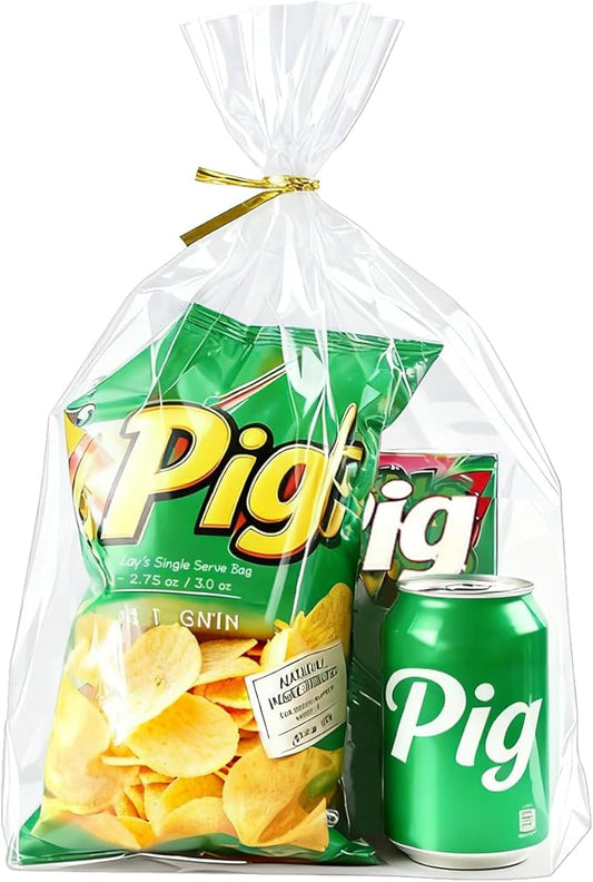 PigPotParty 10"x 14", 50Pcs Bottom Gusset Bags, Clear Plastic Gift Cellophane Mug Treat Goodie Bags with 50x Twist Ties, Large Party Favor Packaging, Toy Wrapping (No Side Gusset)