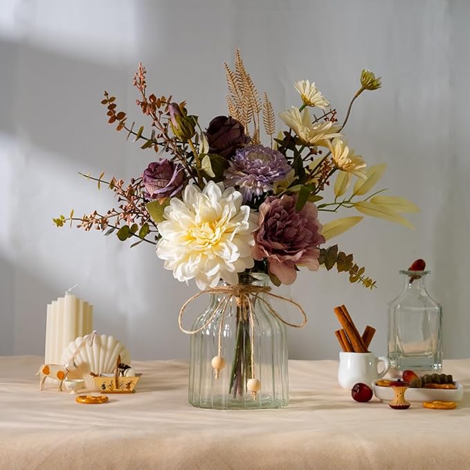 LESING Dahlia Flower Aritificial Flower with Vase Fake Silk Flowers in Glass Vase Faux Rose Flowers Arrangement for Home Office Table Centerpiece Decoration (Purple)