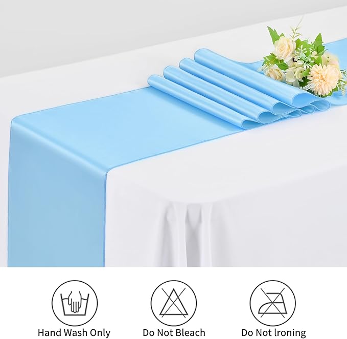 12 Pack Light Blue Satin Table Runner,12 x 108 inch Long Premium Smooth Table Runner for Wedding, Banquets, Birthday, Party, Graduation, Engagements,Table Runners fit Rectangle and Round Table