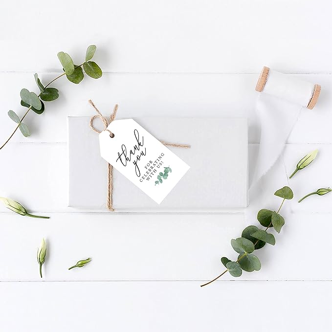 Andaz Press 100-Pack Thank You for Celebrating with Us Favor Tags Minimal Eucalyptus Cardstock Gift Tags with Bakers Twine for Wedding Baby Shower Bridal Shower Birthday Party Favors 2 x 3.75-Inches