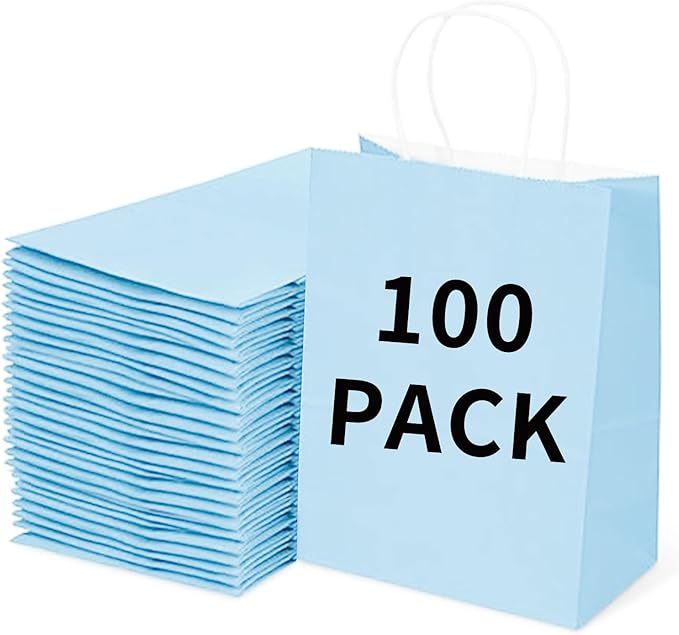 BAG BOX 100 Pack Small 5.9x3.1x8.25Inch Blue Kraft Paper Gift Bags with Handles for Bulk Shopping, Retail, Craft, Party Favors, Wedding, Grocery & Sacks