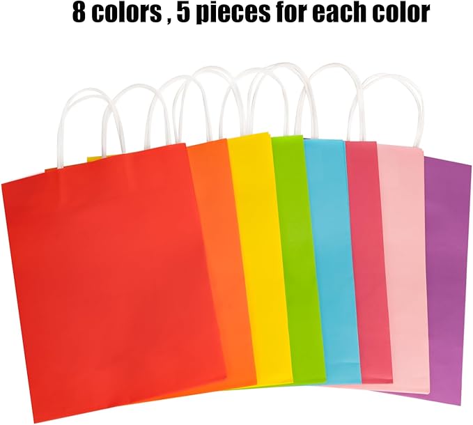 Beko 40 PCS Kraft Paper Gift Bags With Handles - 8 Colors, 8.3 * 5.9 * 3.2 Inch Bulk Gift Bags For Birthdays, Weddings, Baby Showers, Party Favors