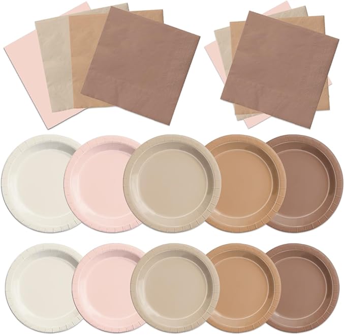 CMUSKO Boho Baby Shower Decorations-150Pcs Gradient Brown Plates and Napkins Kit Serves 50,Neutral Boho Party Supplies for Bridal Shower,Wedding, Birthday