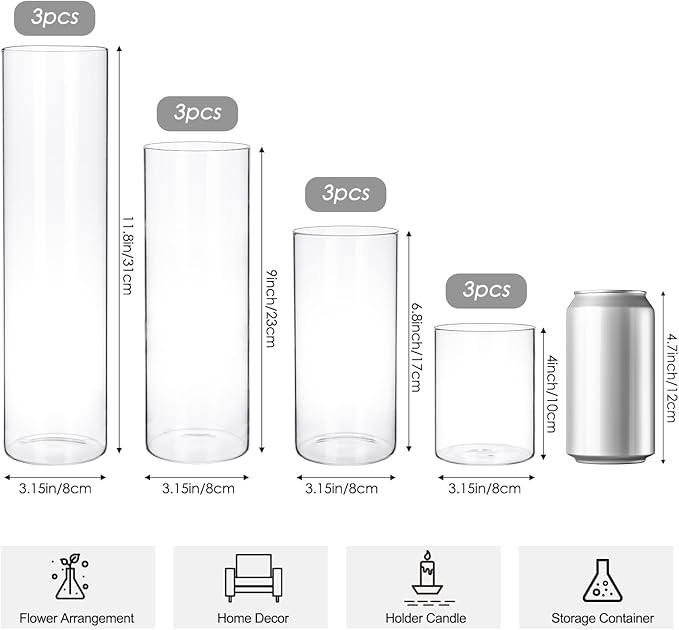 CEWOR 12pcs Glass Cylinder Vase 4, 6.8, 9, 11.8 Inch Glass Candle Holder Clear Vases for Centerpieces Tall Flower Vase for Wedding Home Decor Party 4 Different Sizes