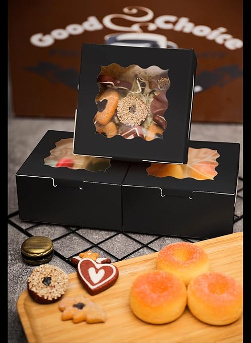 Bakepacker Black Bakery Boxes with Window 6x6x3 inches Thick & Sturdy Macaroon Pastry Boxes Cookie Boxes for Bakerys（60-Packs）
