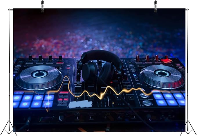 CORFOTO 12x10ft Fabric Dj Mixer with Headphones Backdrop Photography Dj Sound Equipment in Dark Background Musical Dance Disco Party Decorations Live Concert Stage Photoshoot Booth Studio Props