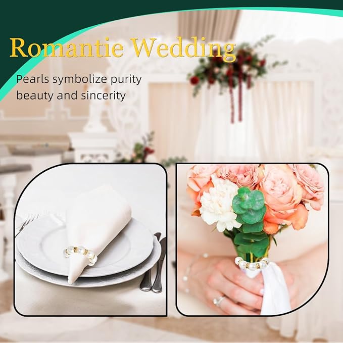 50Pcs Pearl Napkin Rings, Imitation Pearl Napkin Rings Holder, Disposable Beaded Serviette Napkin Buckles for Wedding Reception Party Banquet Dinner Table Decor (Pearl Gold, 50 Pcs)