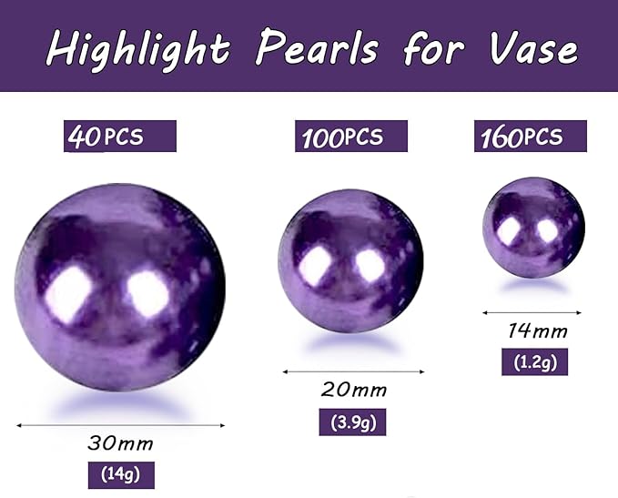 300Pcs Dark Purple Polished No Hole Faux Pearl Beads for Vase Filling Decorations, Plastic Pearls Vase Fillers, Table Scatters, Wedding Centerpiece, Home Decor, 8/14/20 mm
