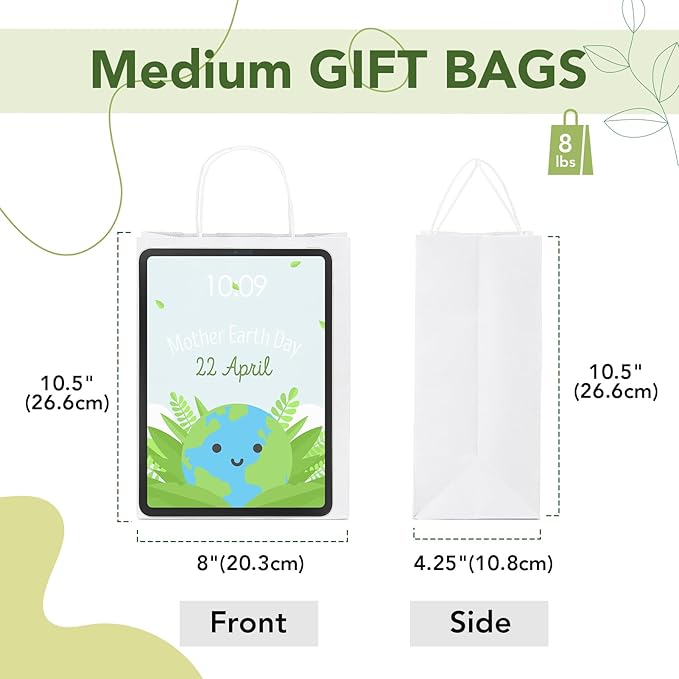 MESHA 100 Pack White Gift Bags 8x4.25x10.5 Inch Kraft Paper Bags with Handles Bulk Craft Bag Medium Size for Wending Birthday Party Favor Retail Merchandise Bag