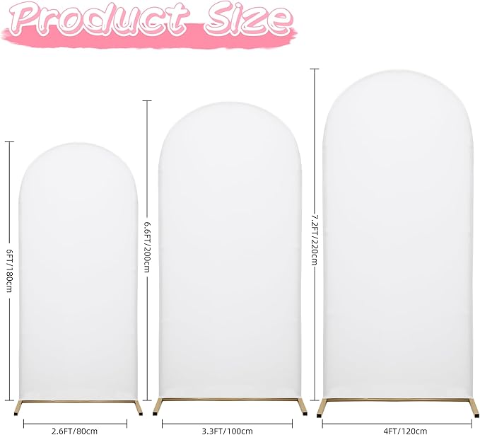 Wedding Arch Covers Arch Backdrop Cover Arch Stand Covers 7.2FT 6.6FT 6FT Set of 3 Arch Cover Spandex Fabric Stretchy Backdrop for Wedding Birthday Party Decoration Baby Shower (White, Cover Only)