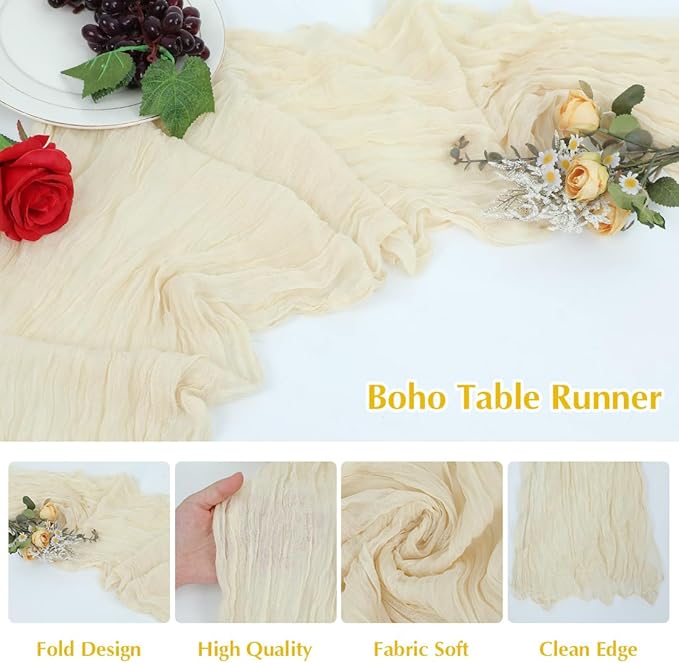 Beige Cheesecloth Table Runner -21*120Inch Long Boho Wedding Table Decor, Rustic Gauze Fabric Runner for Bridal Showers, Baby Showers & Parties (Sheer, Lightweight, Wrinkled Design)