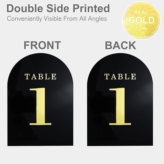 Wedding Table Numbers 1-10, Acrylic Arch Signs with Natural Wood Stands Holders, Rustic Table Decor for Reception & Parties (Black Gold)