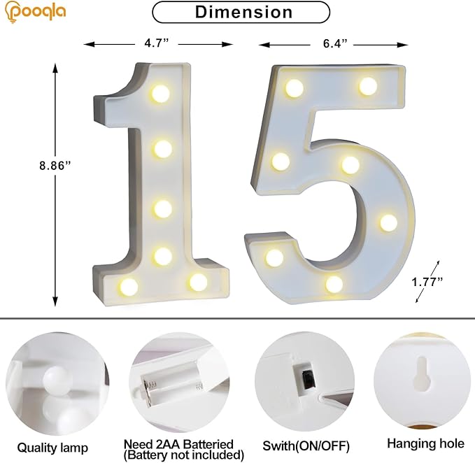 Pooqla 15th Birthday Decorations for Girls Boys, 35 Colors LED Light Up Numbers with Remote, Multicolor Marquee Numbers 15 Sign for Teen Party Anniversary Wedding Decor 15th Birthday Gift, Number 15
