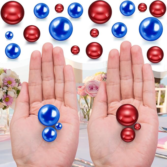 150Pcs Blue&Red Polished No Hole Faux Pearl Beads for Vase Filling Decorations, Plastic Pearls Vase Fillers, Table Scatters, Wedding Centerpiece, 8/14/20 mm, 4th of July Independence Day Home Decor