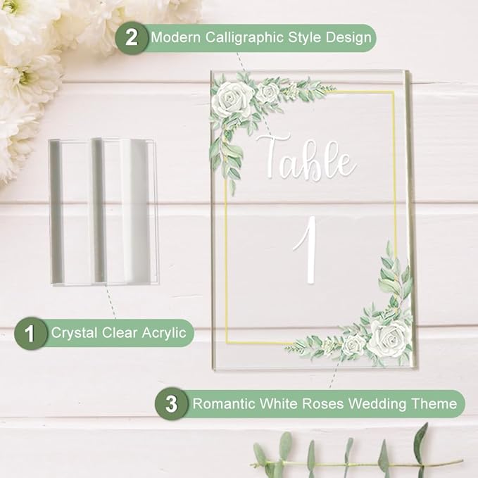 OurWarm White Rose Acrylic Wedding Table Numbers 1-20, 4x6 Inch Printed Calligraphy Table Number with Stands, Clear Numbers Signs and Holders, Perfect for Wedding Reception Anniversary Event