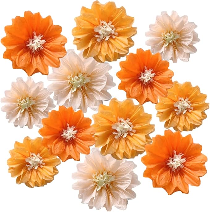 12pcs 8in 10in Paper Flowers Tissue Flowers Pom Paper Pom Poms Hanging Paper Flowers Wall Backdrop Wedding Party Flower Decorations DIY Art Craft Blooms for Birthday Baby Shower Nursery Decor Orange