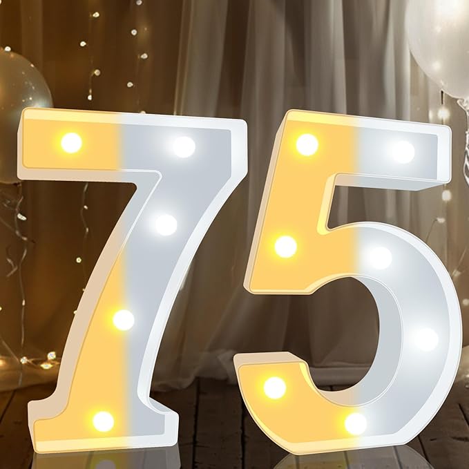 Pooqla 75th Birthday Decoration for Woman Man, Decorative LED Light Up Numbers, Marquee Numbers 75 Sign for Party Backdrop 75th Wedding Anniversary Decor, Warm White and Cool White Number 75