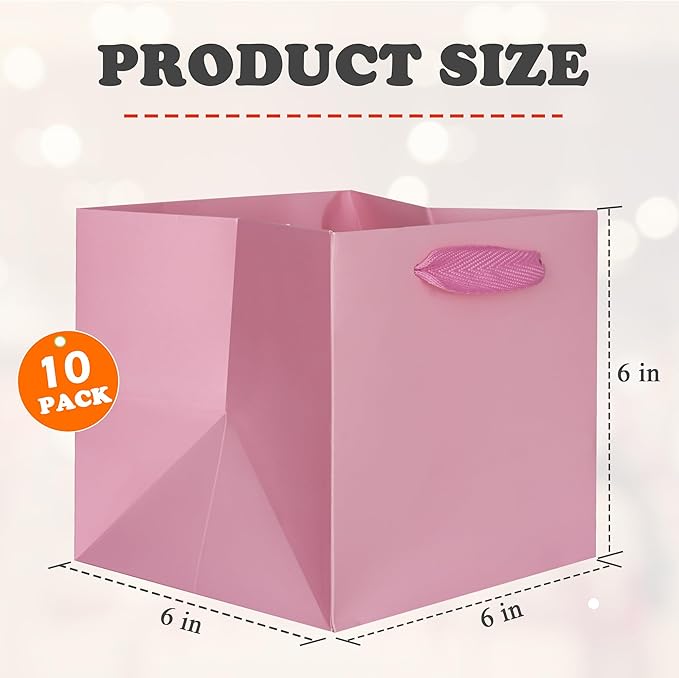 ADIDO EVA Pink Square Gift Bags Small Size Square Bottom Paper Bags with Handles for Party Favor, Shopping Packaging Bag (6x6x6 In, 10 CT)