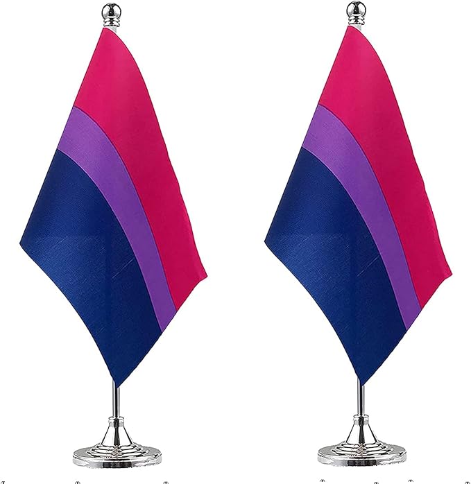 ZXvZYT 2 Pack Pride Rainbow Bisexual flag Bi table flag,Small Mini LGBT Desk Flags With Stand Base,American Rainbow Mardi Gras Party Decorations Supplies